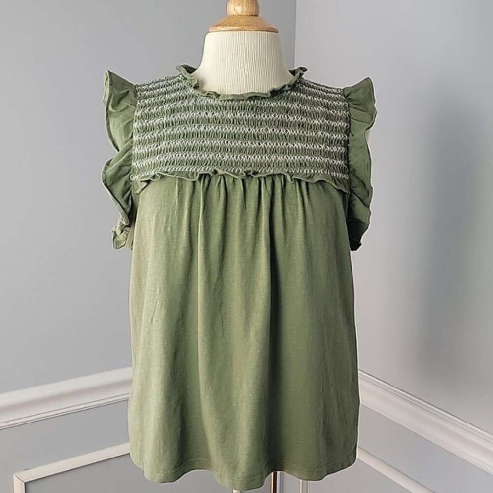 J.CREW Olive Green 100% Cotton Smocked Ruffle Flowy Boho Summer Sleeveless Top M
